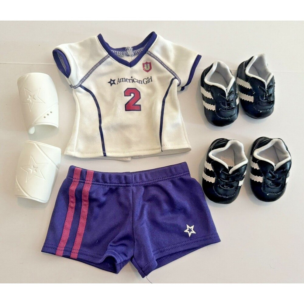American Girl Doll Soccer Outfit Purple Shorts Top 2 Shoes Leg Guards 2011
